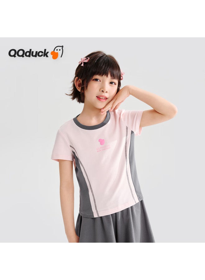 Qq Duck Girls' Short Sleeve T-Shirt Children'S Top Fresh And Sweet Summer Clothing Teenage Clothes Vitality Girl Light Pink; 130 - Image 1