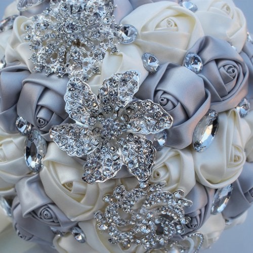 Flonding Wedding Bouquets Crystal Satin Rose Bride Bridal Bouquet Romantic Bridesmaid Holding Flower for Valentine's Day Confession Party Church Decor (Silver Creamy) - Image 3
