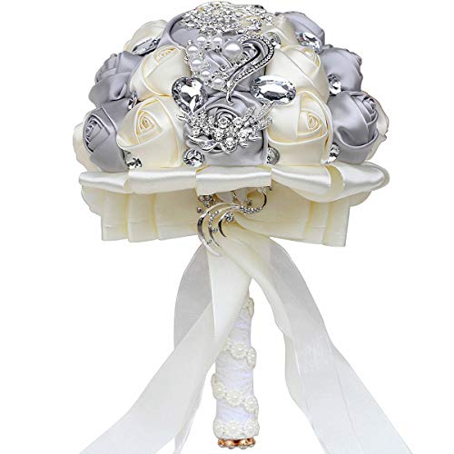 Flonding Wedding Bouquets Crystal Satin Rose Bride Bridal Bouquet Romantic Bridesmaid Holding Flower for Valentine's Day Confession Party Church Decor (Silver Creamy) - Image 2