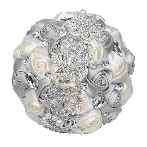 Flonding Wedding Bouquets Crystal Satin Rose Bride Bridal Bouquet Romantic Bridesmaid Holding Flower for Valentine's Day Confession Party Church Decor (Silver Creamy) - Image 5