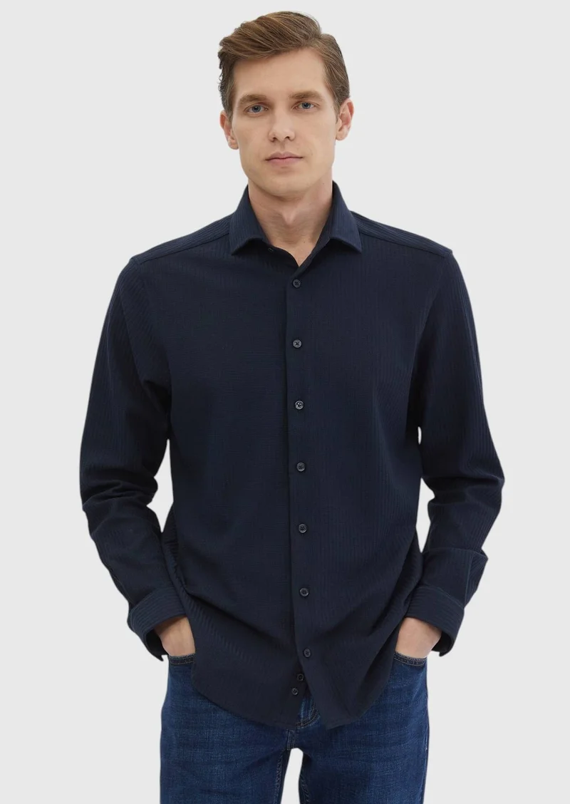 RAMSEY Navy Blue Striped Casual Fit Long Knitting Casual 100% Cotton Shirt