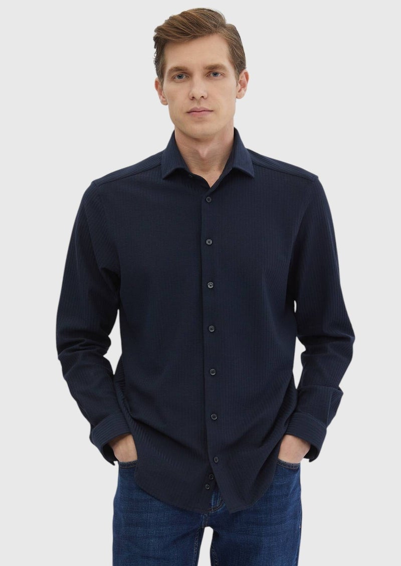 RAMSEY Navy Blue Striped Casual Fit Long Knitting Casual 100% Cotton Shirt - Image 2