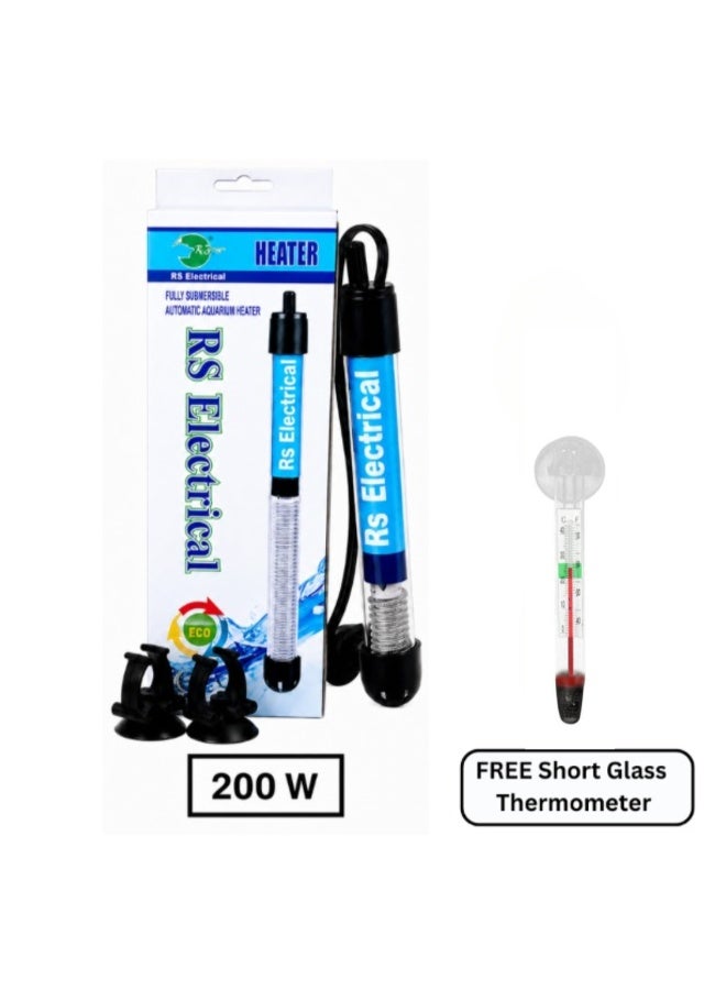 RS Electrical 200W Submersible Automatic Aquarium Heater with Suction Cups With FREE Short Glass Thermometer - Image 1