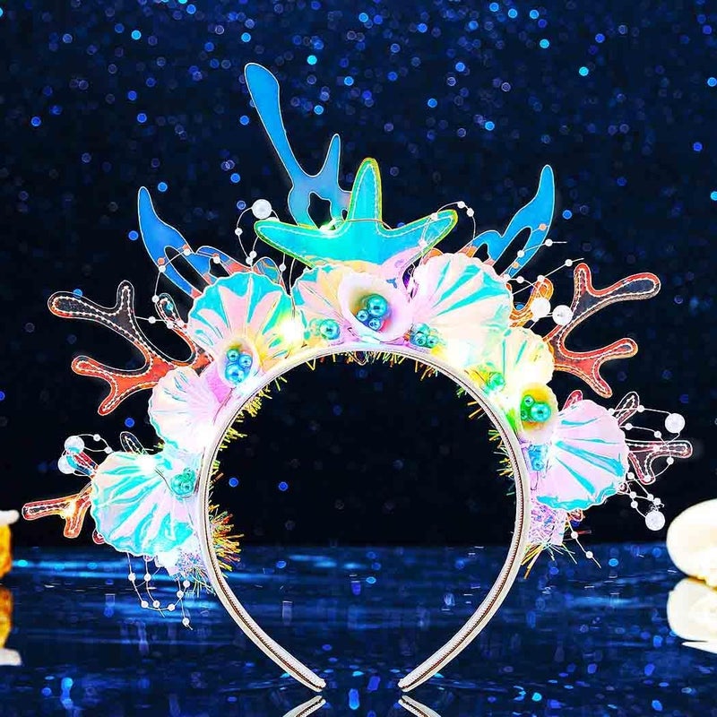JAKAWIN JAKAWIN Light Up Mermaid Headband LED Starfish Hair Band Seashell Glowing Costume Hair Accessories for Women 