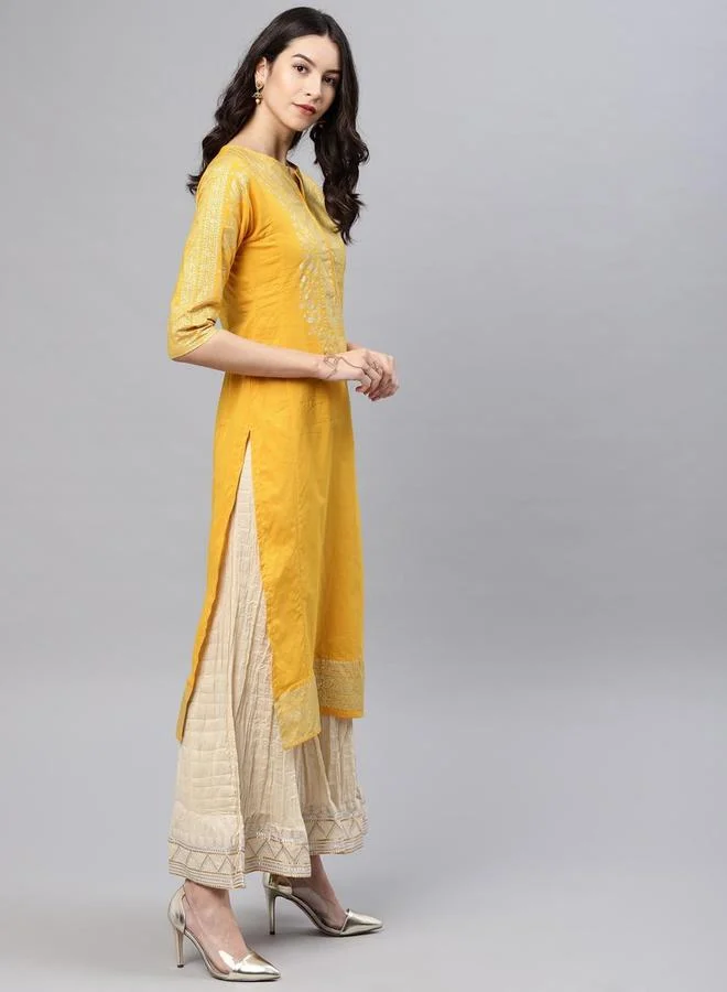 Vishudh Women Mustard & Gold-Toned Solid Straight Kurta by Styli