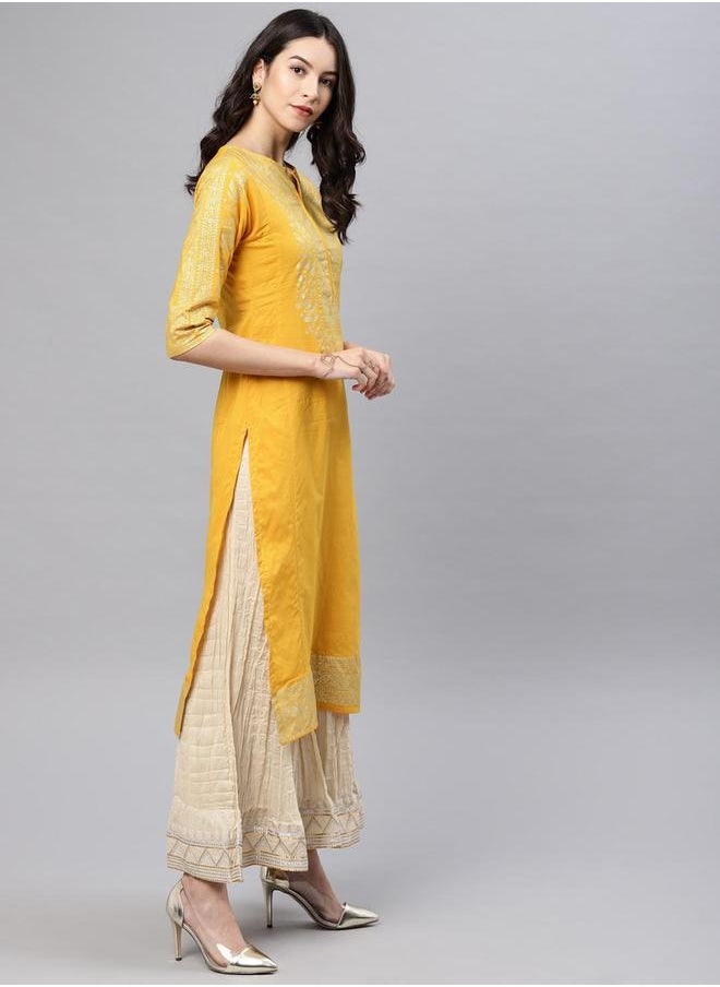 Vishudh Women Mustard & Gold-Toned Solid Straight Kurta by Styli  - Image 4