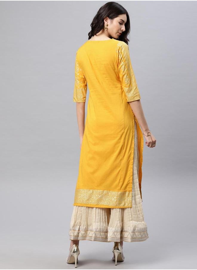 Vishudh Women Mustard & Gold-Toned Solid Straight Kurta by Styli  - Image 2