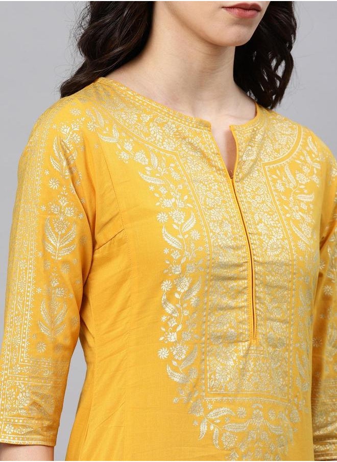 Vishudh Women Mustard & Gold-Toned Solid Straight Kurta by Styli  - Image 3