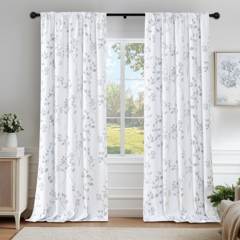 Beauoop Floral 100% Blackout Curtains 84 Inches Long 2 Panels for Bedroom Living Room Grey White Flower Patterned Room Darkening Thermal Insulated Soundproof Rod Pocket Back Tab Window Drapes, 52X84 - Image 1