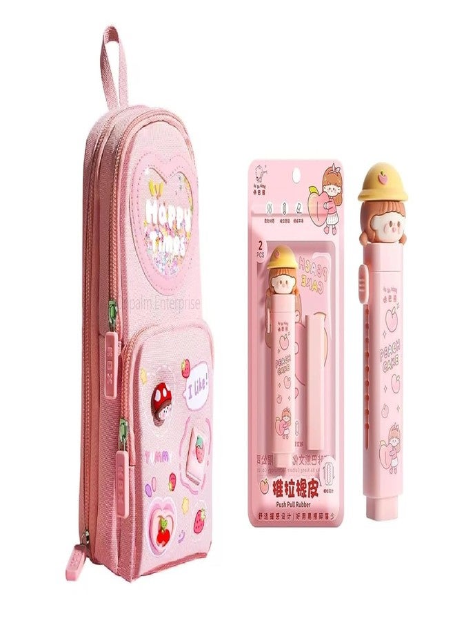 GETNAKSH Kawaii Purple Stationery Combo Set for Girls | Kawaii Pencil Case Pouch with Zipper & Push Pull Eraser with Refills | Back to School Supplies Gift for Kids (Pink) - Image 1
