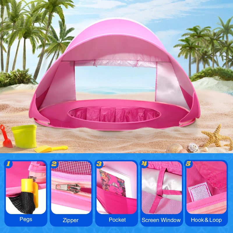 Monobeach Baby Beach Tent Pop Up Portable Shade Pool UPF50+ UV Protection Sun Shelter for Infant with Easy Set Up Canopy (Pink Beach Tent) - Image 5