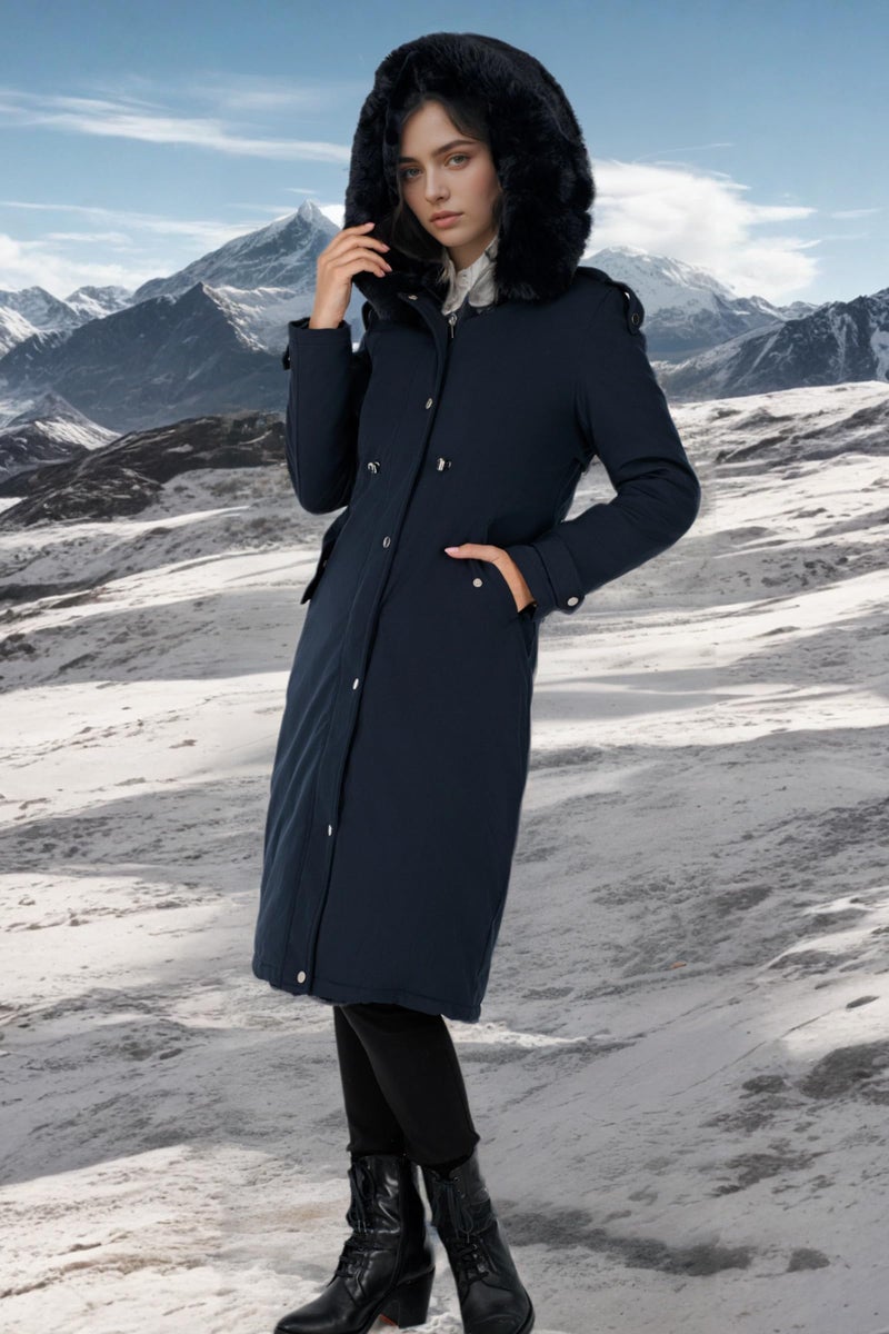 RISISSIDA Puffer Coat Women Winter Parka Down Faux Fur Lined Puffy Jacket with Long Collar Hood, Heavy Quilted Warm Bubble Overcoat Blue M - Image 3