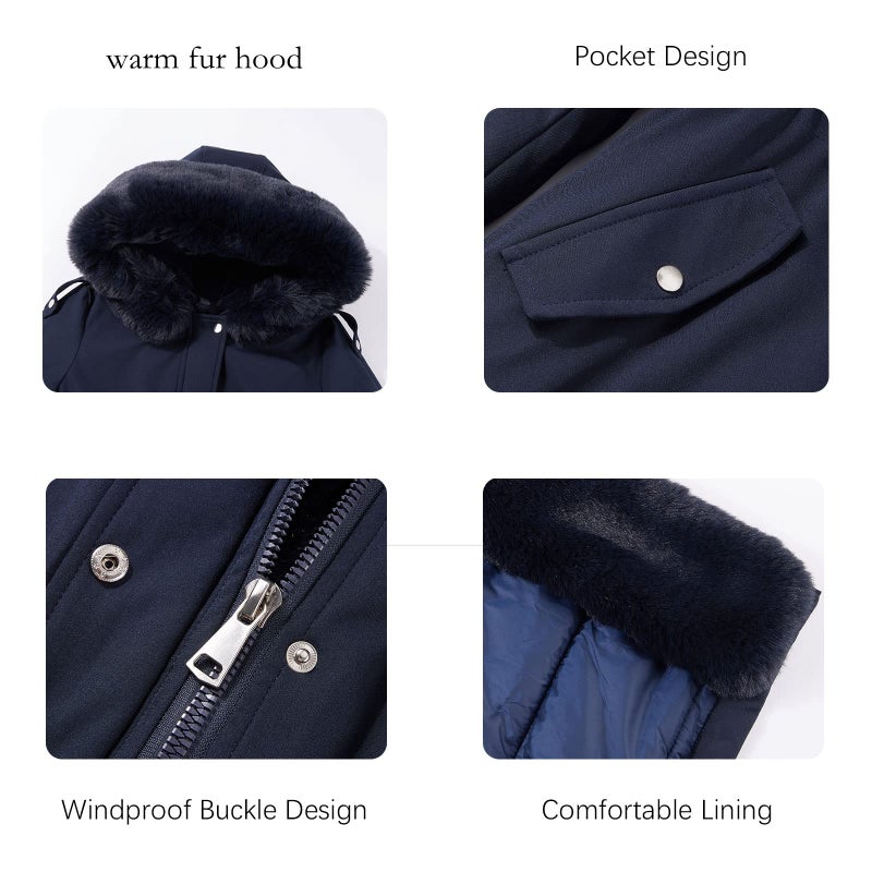 RISISSIDA Puffer Coat Women Winter Parka Down Faux Fur Lined Puffy Jacket with Long Collar Hood, Heavy Quilted Warm Bubble Overcoat Blue M - Image 5