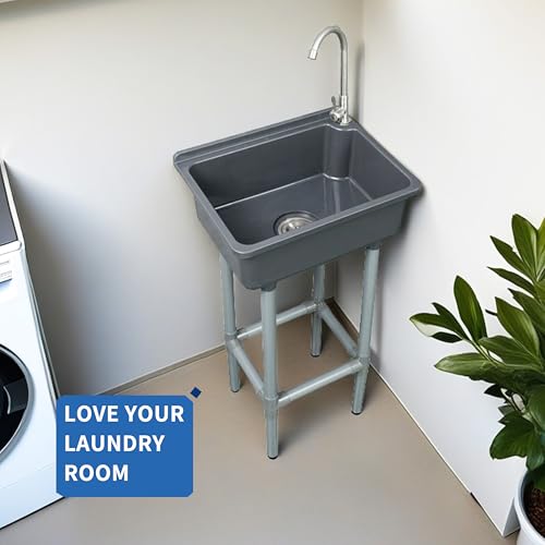 shawoo Freestanding Single Bowl Utility Sink, Kitchen Wall-Mounted Sink 16.9 x 12.8 Inch laundry tub With 1.26 faucet hole Plastic Sinks for Home Restaurant Dorm Garage Bathroom,Laundry slop sink (grey) - Image 5