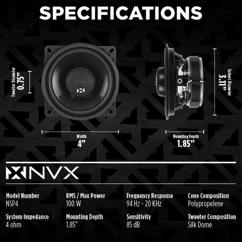 NVX مكبرات صوت السيارة NVX NSP4 4" - 300 واط كحد أقصى، 100 واط RMS، 2-طريق كوكسيل مع تويترات قبة حريرية - Image 3