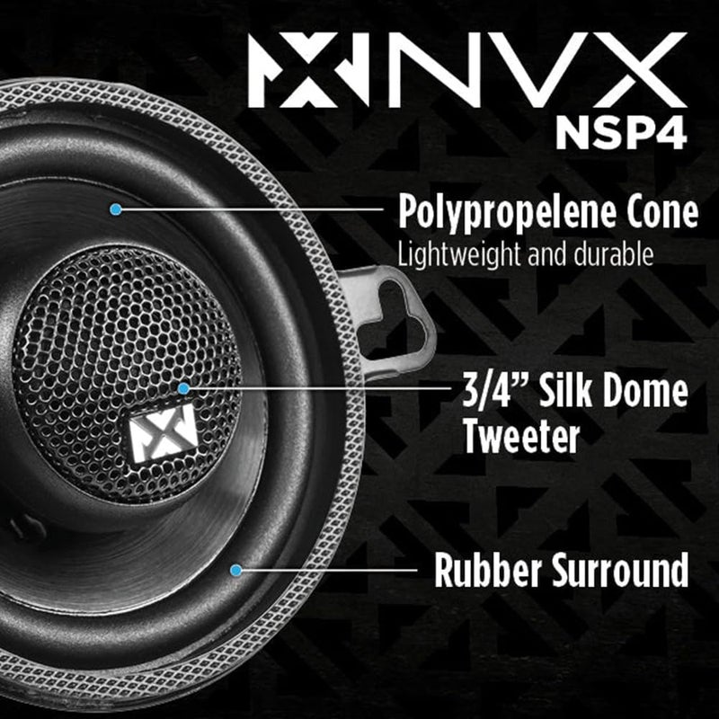 NVX مكبرات صوت السيارة NVX NSP4 4" - 300 واط كحد أقصى، 100 واط RMS، 2-طريق كوكسيل مع تويترات قبة حريرية - Image 2
