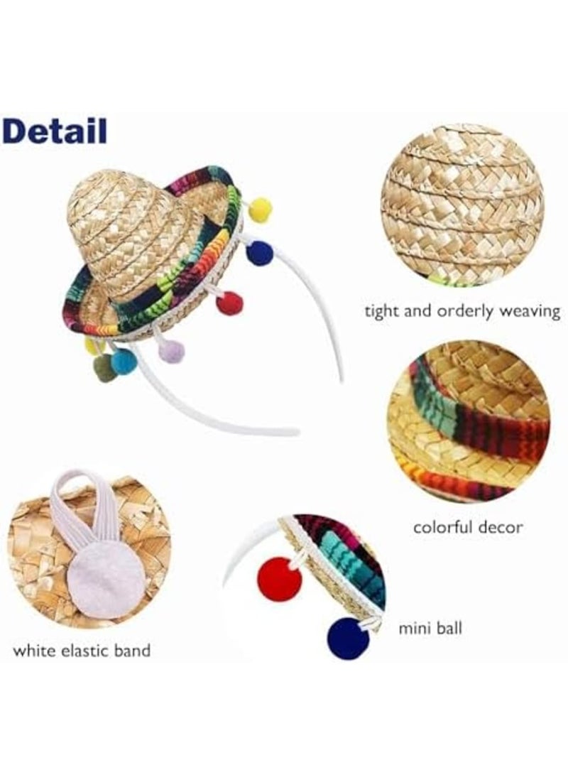 SYOSI 2 PCS Mini Sombrero Headbands, Small Fabric Mexican Sombrero Hats with Ball Fringe, Straw Mexican Hats for Mexican Themed Party Decorations, Fun Birthday Party Supplies - Image 2