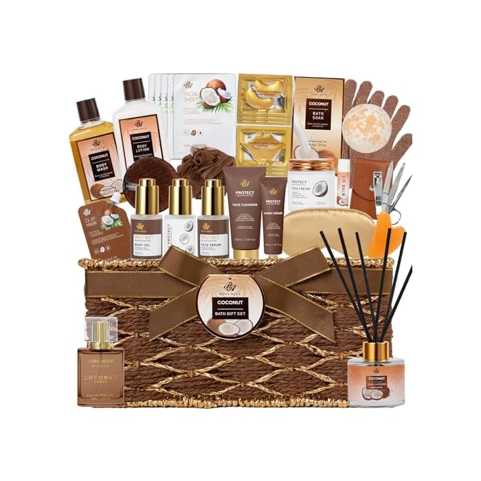 35 Pcs Coconut Vanilla Spa Gift Basket for Women & Men, Face Skin Care Set, Bath & Body Set, Self Care Pamper Kit, Diffuser, Bath Bomb, Birthday, Christmas, Valentines, Mother Day, Anniversary