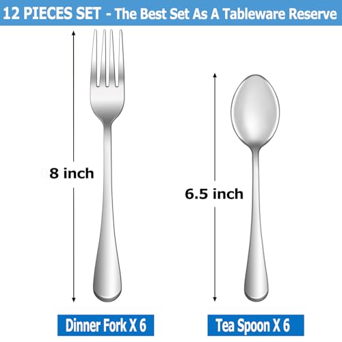 MUTNITT 12 Pcs Forks and Spoons Silverware Set,Food Grade Stainless Steel Flatware Cutlery Set for Home,Kitchen and Restaurant,Mirror Polished,Dishwasher Safe - 6 Dinner Fork(8 inch) and 6 Teaspoon(6.5 inch) - Image 2