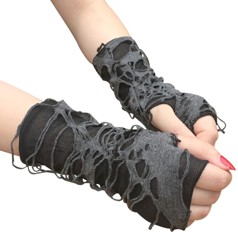 Luwigs Women's Punk Fingerless Gloves Arm Warmers Black Broken Slit Ripped Gothic Gloves for Halloween Costume Party 1 Pair (Punk Fingerless Gloves, Black) - Image 1
