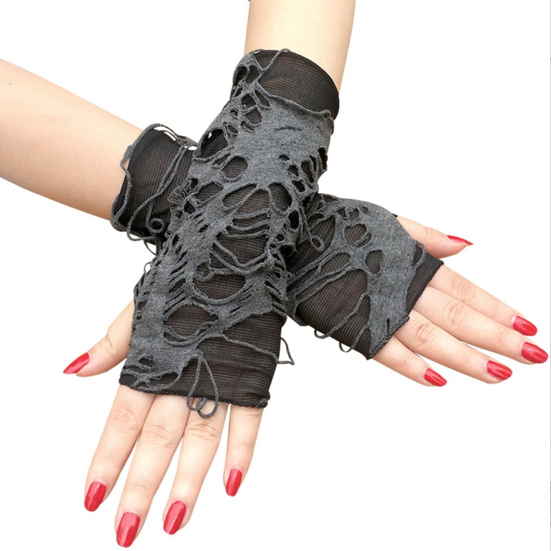 Luwigs Women's Punk Fingerless Gloves Arm Warmers Black Broken Slit Ripped Gothic Gloves for Halloween Costume Party 1 Pair (Punk Fingerless Gloves, Black) - Image 2