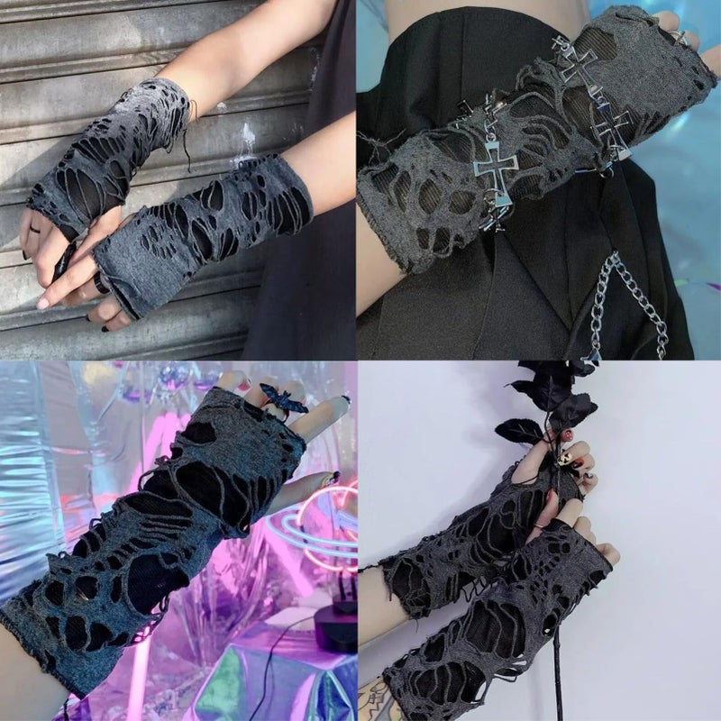 Luwigs Women's Punk Fingerless Gloves Arm Warmers Black Broken Slit Ripped Gothic Gloves for Halloween Costume Party 1 Pair (Punk Fingerless Gloves, Black) - Image 5