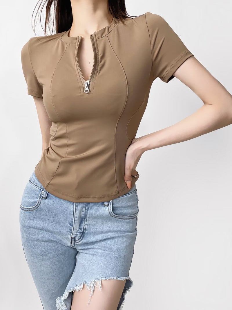 2024 Summer New Retro Half Zip Slim Yoga Casual Top American Sports Tight Short-sleeved T-shirt for Women Coffee  - Image 1