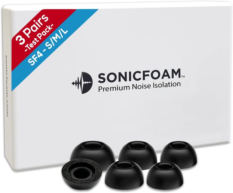 SONICFOAM ملحقات أطراف قطن الذاكرة للسماعات الداخلية – عزل صوتي عالي الجودة، أطراف قطنية قابلة للتغيير، 3 أزواج لسماعات الأذن الداخلية (الموديلات SF4، الحجم الصغير/المتوسط/الكبير، اللون الأسود، عبوة تجريبية) - Image 1