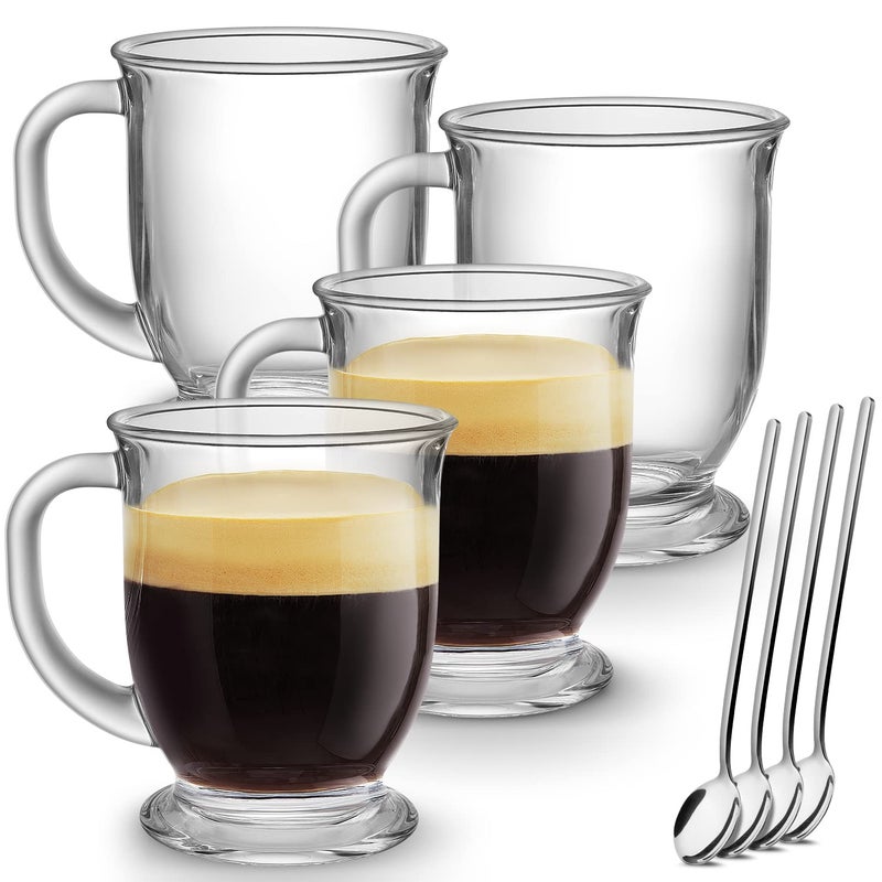 Mfacoy Glass Coffee Mugs Set of 4, Clear Large Coffee Mug 15 Oz With Handles for Hot Beverages, Clear Mugs for Tea, Cappuccino, Latte, Espresso Coffee, Juice, Glass Coffee Cups - Image 1