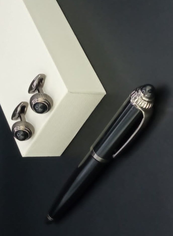 A luxurious and elegant pen and cufflink set with a box