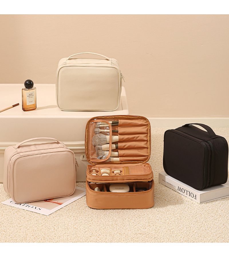 Wood Peach Pink Portable Toiletry Bag With Dividers Oxford Cloth Foldable Makeup Organizer For Outings Travel Accessories Storage Bag - Image 3