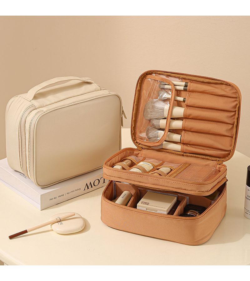Wood Peach Pink Portable Toiletry Bag With Dividers Oxford Cloth Foldable Makeup Organizer For Outings Travel Accessories Storage Bag - Image 1