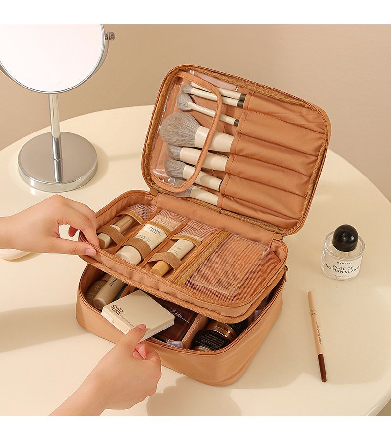 Wood Peach Pink Portable Toiletry Bag With Dividers Oxford Cloth Foldable Makeup Organizer For Outings Travel Accessories Storage Bag - Image 2