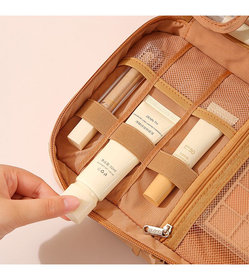 Wood Peach Pink Portable Toiletry Bag With Dividers Oxford Cloth Foldable Makeup Organizer For Outings Travel Accessories Storage Bag - Image 5