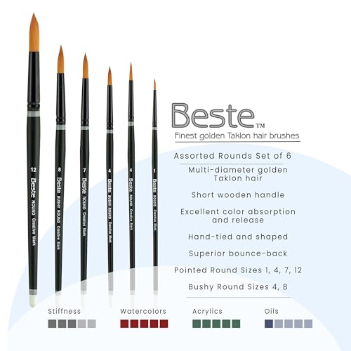 Creative Mark Beste Golden Taklon Assorted Round Set of 6 Artist Brush, Professional Watercolor Brushes, for Acrylic Painting, Short Handle, Sharp Edges, Hand-Tied & Shaped - Image 2