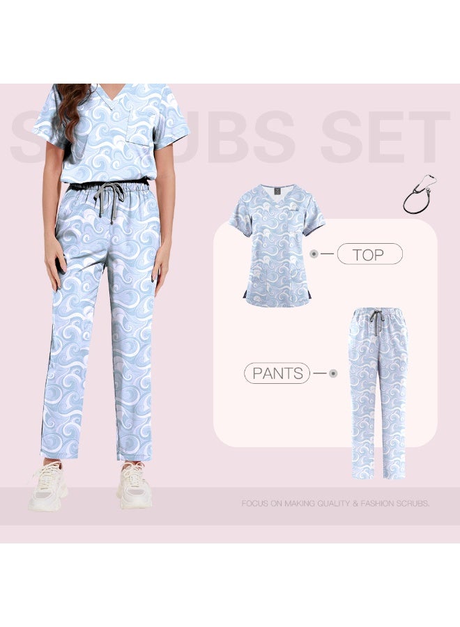 NIBEMINENT Surgical Uniforms Women Printed Medical Scrub Set Beauty Salon Workwear Pet Clinical Scrubs Top + Pant Doctor Nursing Tunic Suit - Image 1