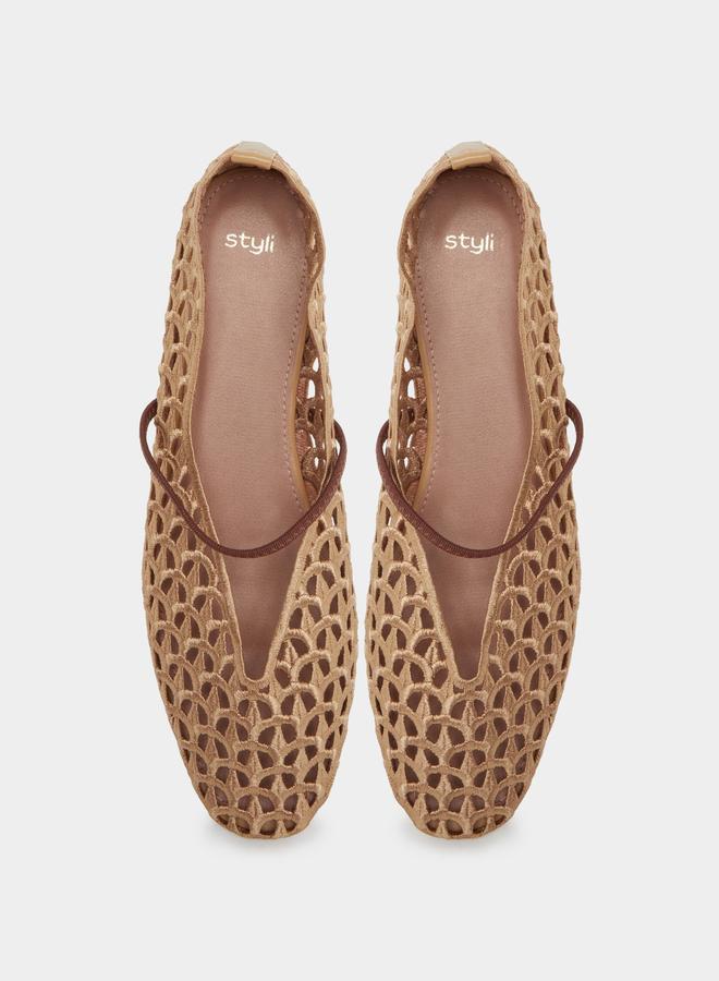Styli Tan Mesh Mary Jane Flats - Image 5