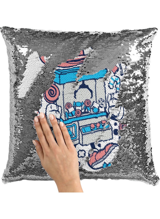 Arcade Games Character Themed Sequin Decorative Throw Pillow White/Blue/Silver 40x40cm - Image 2