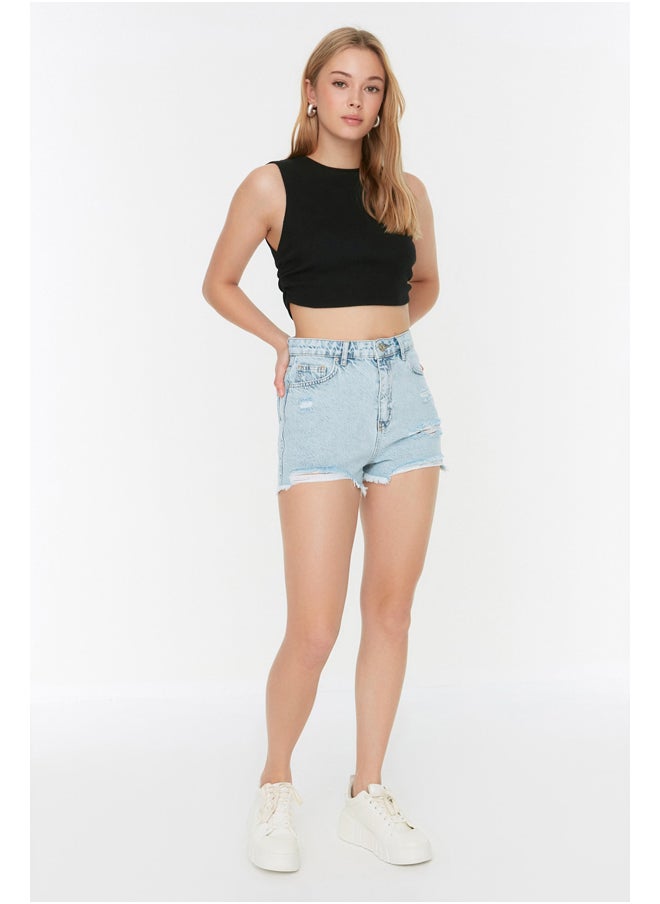 trendyol - Light Blue Ripped Denim Shorts - Image 1