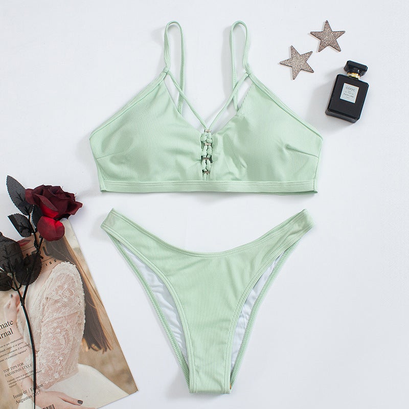 Bikini 2025 New Solid Color Double Shoulder Strap Leaky Back Three-Point Split Swimsuit