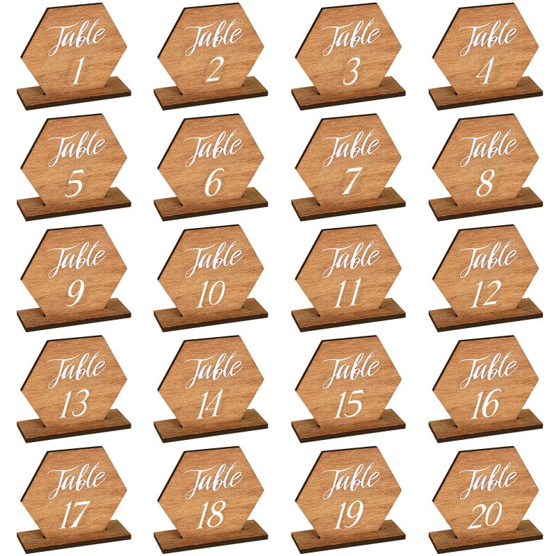 Chunful 20 Pieces Wooden Table Numbers 1-20 Wedding Table Numbers Hexagon Shape Rustic Wooden Numbers with Holder Base for Wedding Event Party Decoration  - Image 1