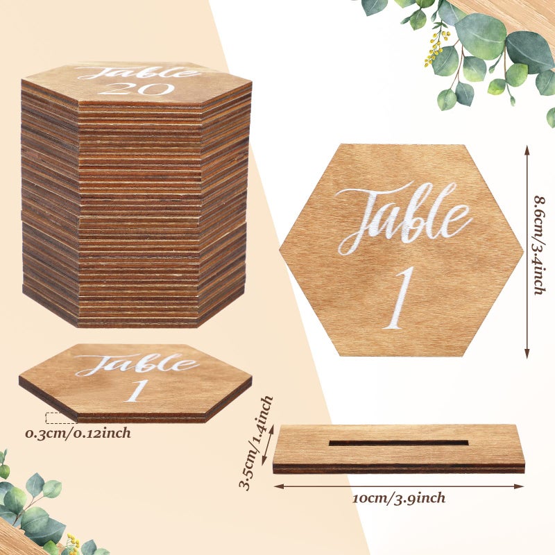 Chunful 20 Pieces Wooden Table Numbers 1-20 Wedding Table Numbers Hexagon Shape Rustic Wooden Numbers with Holder Base for Wedding Event Party Decoration  - Image 2