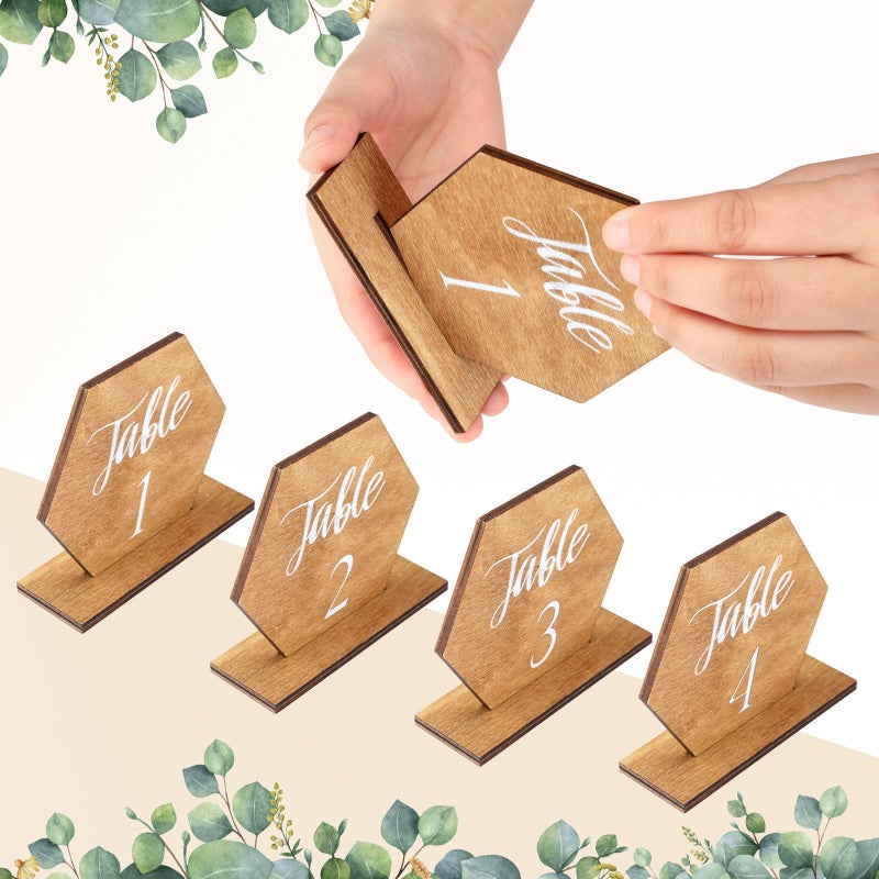 Chunful 20 Pieces Wooden Table Numbers 1-20 Wedding Table Numbers Hexagon Shape Rustic Wooden Numbers with Holder Base for Wedding Event Party Decoration  - Image 3