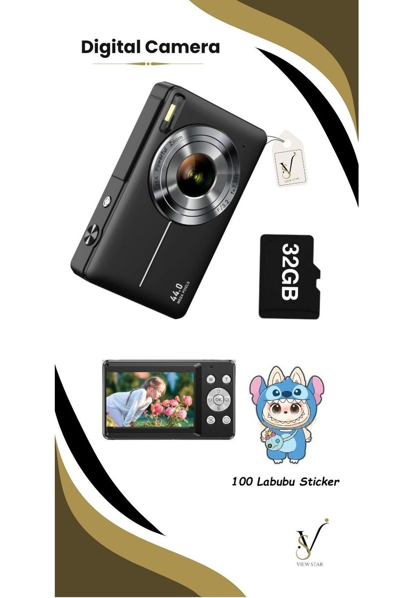 فيوستار كاميرا رقمية من Viewstar بدقة 44 ميجابكسل، وتقريب 16X، وشاشة LCD مقاس 2.4 بوصة، وبطاقة ذاكرة سعة 32 جيجابايت، و100 ملصق Labubu - جاهزة للسفر - Image 1