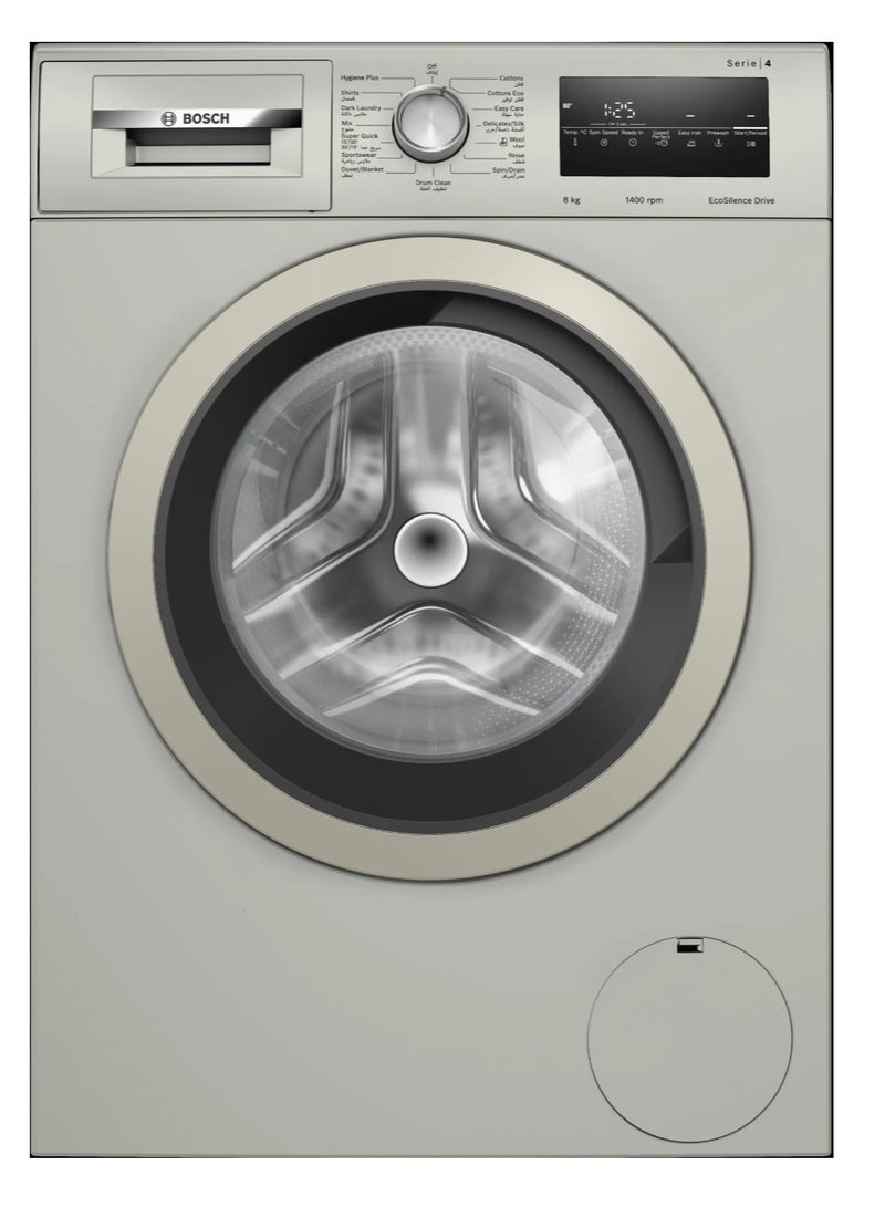 BOSCH Washer Machine Front Load Series 4 Spin 1400 RPM 2300 W 7 Programs LED Display Inox 8 kg WAN282X1EG Silver - Image 1