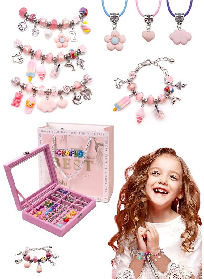 Girls Bracelet Making Kit, 66 PCS Beaded Bracelet Kit, with Jewelry Box Jewelry Beaded Bracelet for DIY Craft Jewelry Gift for Adults and Kids, Suitable for 8-12 Years Old Girls (Pink)  - Image 1