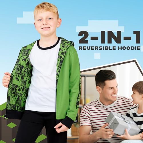 Minecraft Boys Hoodies - Reversible Hooded Sweatshirt for Kids Teenagers 5-14 Years Warm Zip up Hoodie Gamers Gifts (Green, 9-10 Years) - Image 2