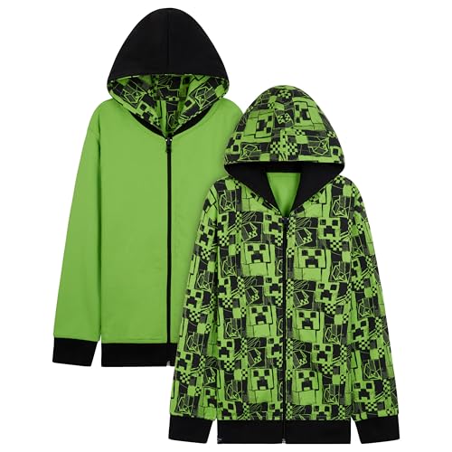 Minecraft Boys Hoodies - Reversible Hooded Sweatshirt for Kids Teenagers 5-14 Years Warm Zip up Hoodie Gamers Gifts (Green, 9-10 Years) - Image 1