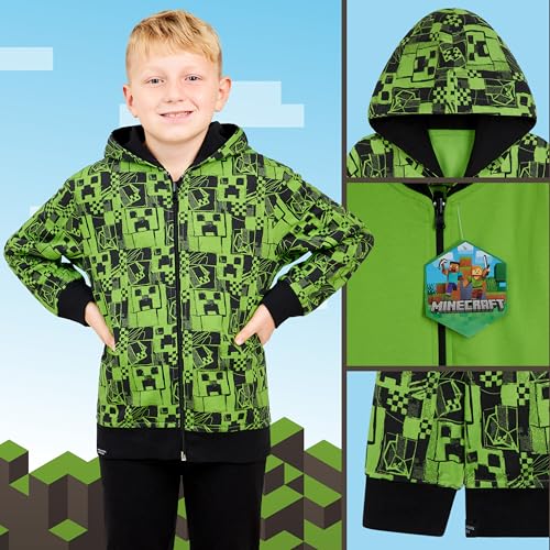 Minecraft Boys Hoodies - Reversible Hooded Sweatshirt for Kids Teenagers 5-14 Years Warm Zip up Hoodie Gamers Gifts (Green, 9-10 Years) - Image 5