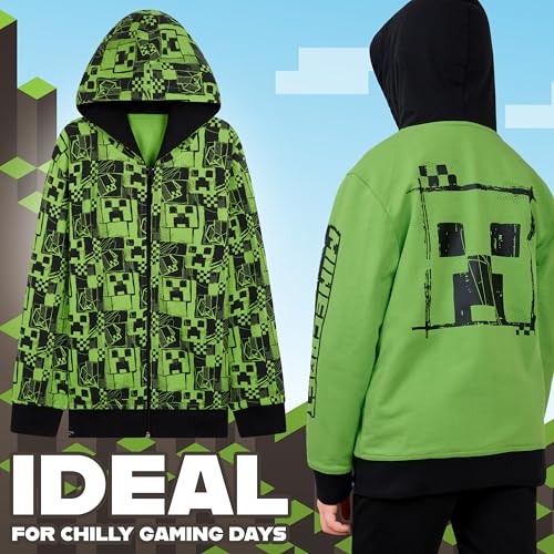 Minecraft Boys Hoodies - Reversible Hooded Sweatshirt for Kids Teenagers 5-14 Years Warm Zip up Hoodie Gamers Gifts (Green, 9-10 Years) - Image 3